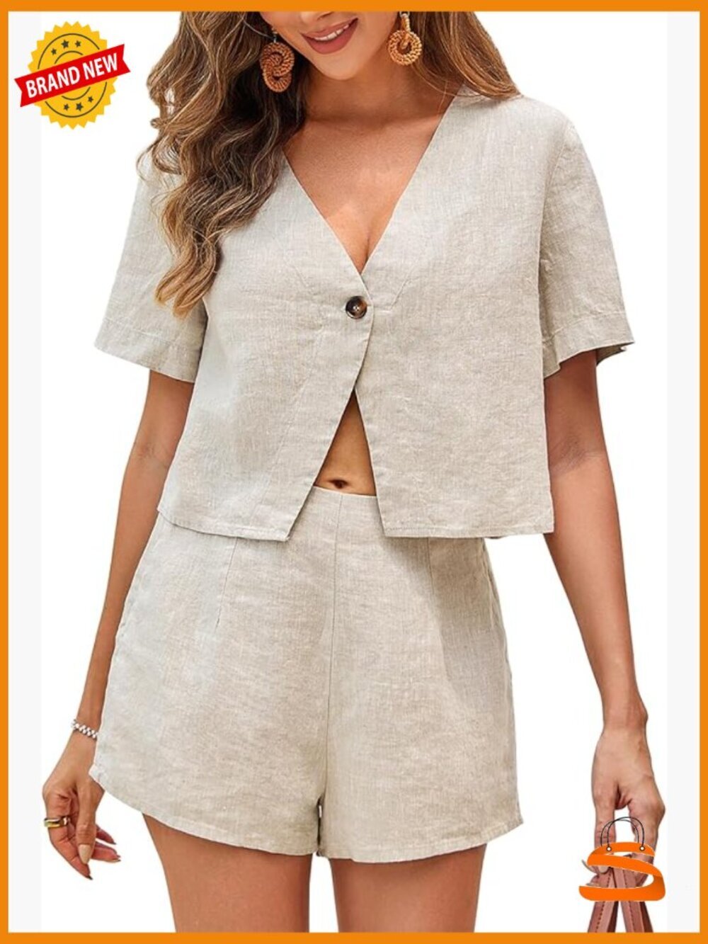 Pure Linen 2 Piece Lounge Set Button Front Crop Top High Waisted Shorts with